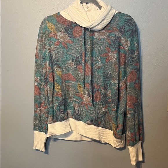 brand unknown Sweaters - Floral Cowl Neck Pullover Sweater in Teal and Cream